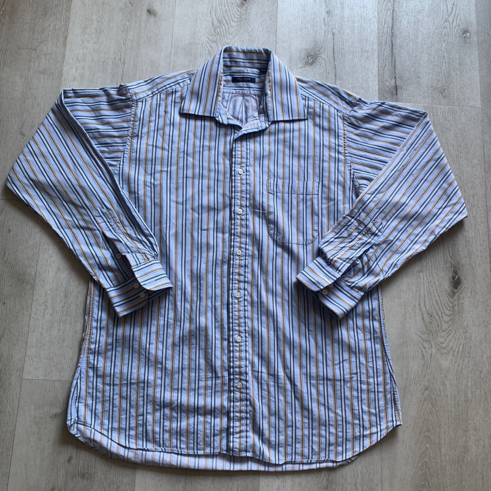 Burberry London Men's Blue & Orange Striped Button Down Shirt, Size‎ 16.5 L
